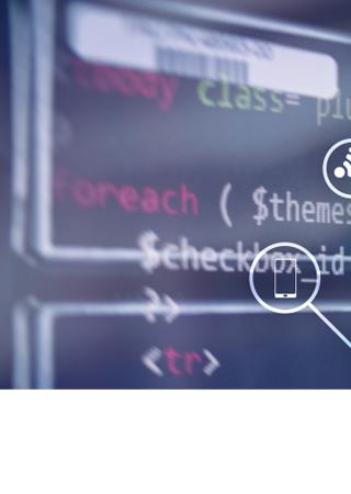 Code on computer screen + network infographics